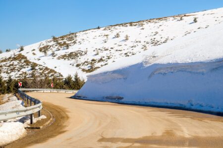 Alpine road in winter Bulgaria by car