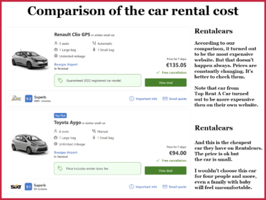 Prices for a car rental in Bulgaria