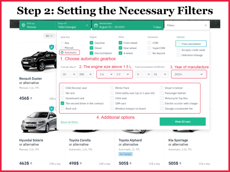 Advanced search for rental cars in Armenia