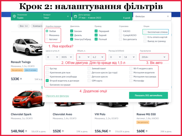 Розширений пошук авто в оренду Будва