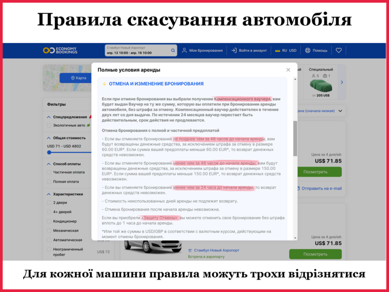 Скасування орендованого автомобіля умови